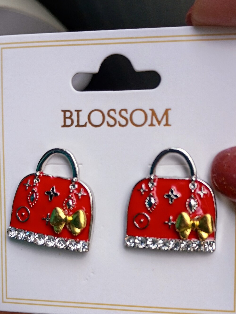 Red Enamel Mini Handbag Earrings with White Crystals & Gold Bow Accents